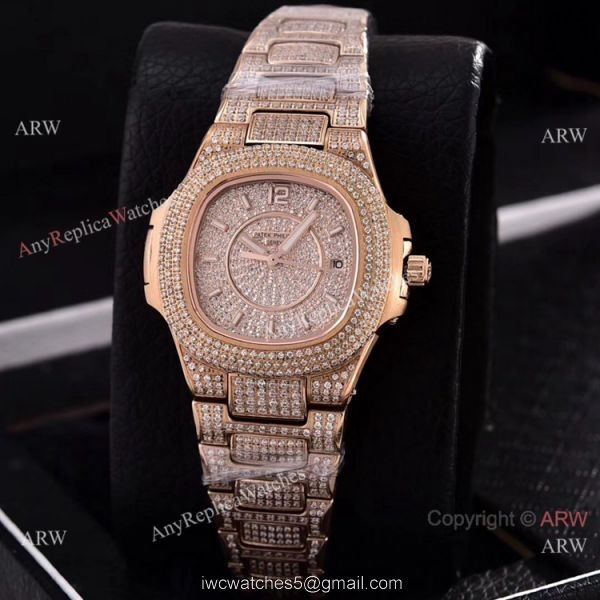 Swiss Quartz Patek Philippe Lady-Nautilus Iced Out Watches Sapphire Glass 3