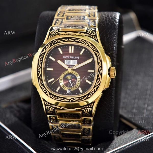 Clone Patek Philippe Annual Calendar Watches Yellow Gold Engraving Blue Dial 3
