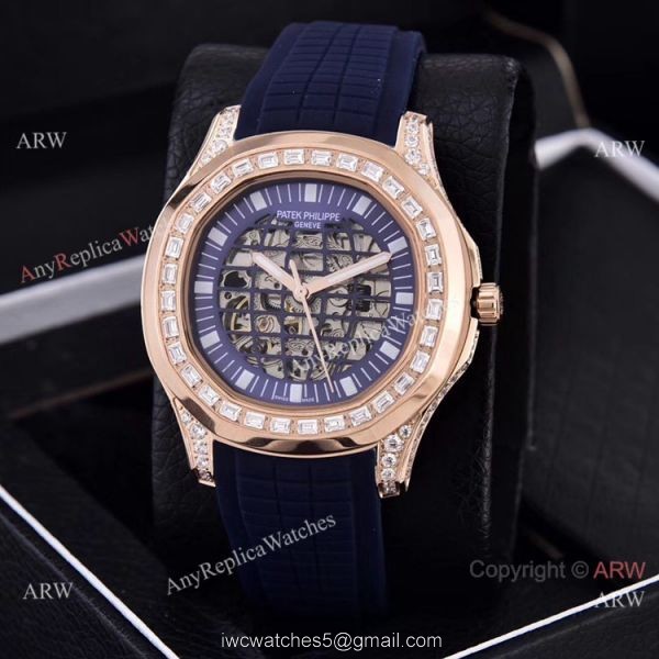 Replica Patek Philippe Aquanaut Diamond Watches Hollow Dial Rose Gold 3