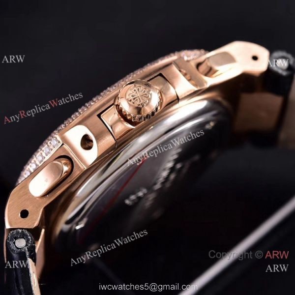 Copy Patek Philippe Nautilus Chrono Watches Full Diamonds Leather Strap 3