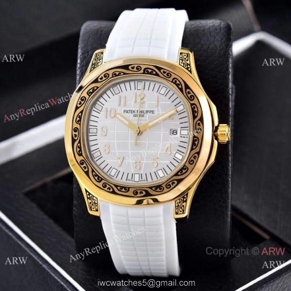 Clone Patek Philippe Aquanaut Engraving Watches Gold and Brown Rubber Strap 3
