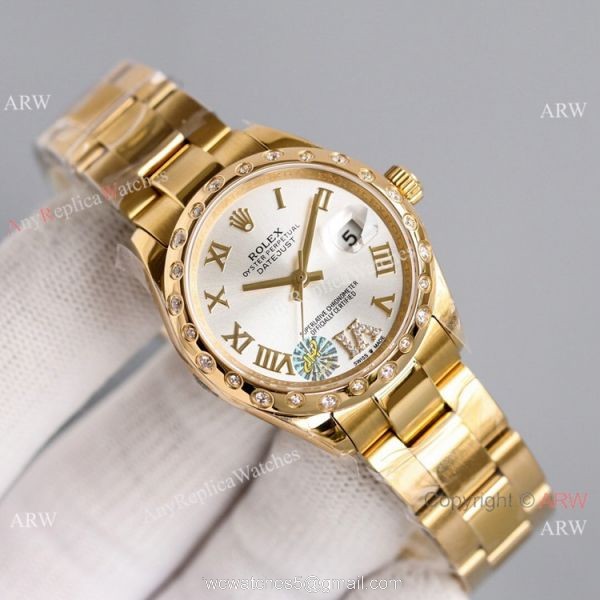Swiss AAA Replica Rolex Datejust Gold Oyster Watch 31mm White MOP Dial 3
