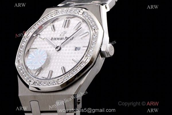 JF Swiss Copy Audemars Piguet Lady Royal Oak Watch White Dial Diamond Bezel 33mm 3