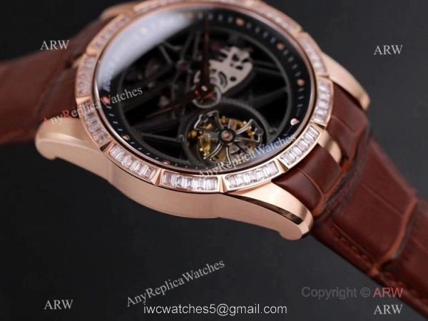 Super Clone Roger Dubuis Excalibur Skeleton Swiss Tourbillon JBF V3 Diamond Black Dial Watch Rose Gold 3