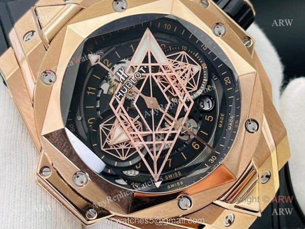 Replica Rose Gold Hublot Big Bang Sang Bleu 45 Watch Asia 7750 With Black Rubber Band 3