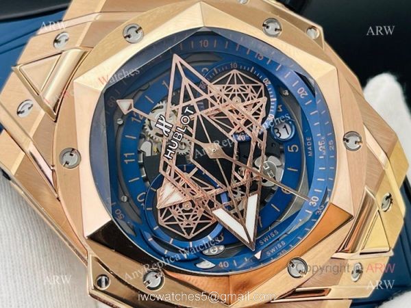 Replica Hublot Big Bang Watch Hublot Sang Bleu 45mm Rose Gold Blue Rubber Straps 3