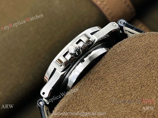 (PF Factory) Swiss Replica Patek Philippe Nautilus Moonphase Watch Black Dial Black Leather Strap 3