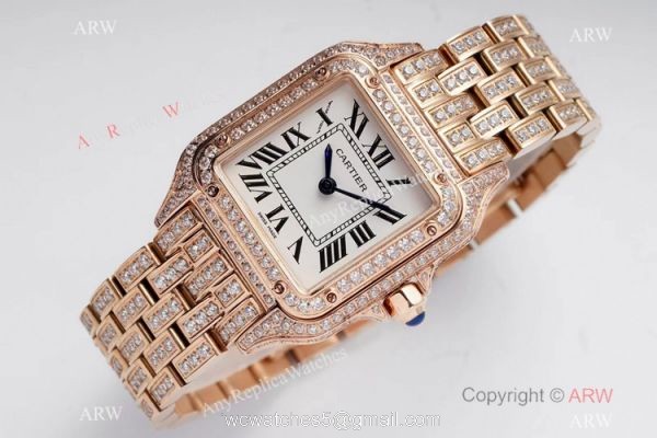 AC Factory Swiss Copy Panthere De Cartier Watch 27mm Rose Gold Full Diamonds 3