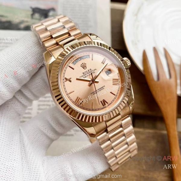 Copy Rolex Day Date 40mm Watches Black Dial Rose Gold Presidential Strap 3