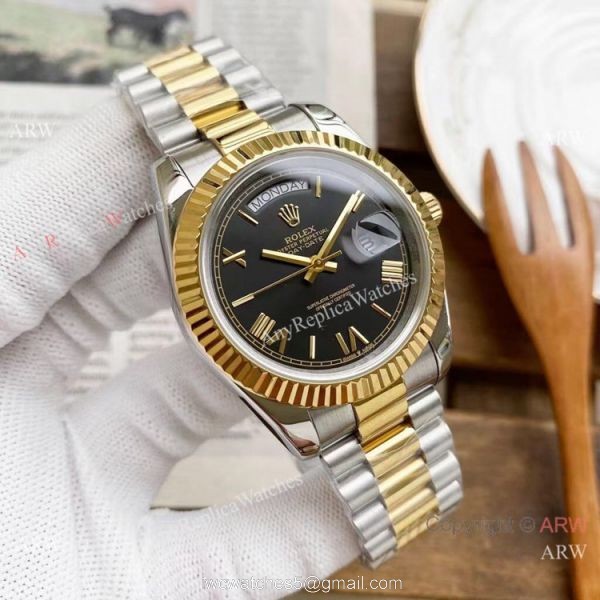 Copy Rolex Day Date 40mm Watches Chocolate Dial Two Tone Presidential Band 3