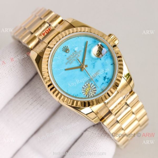 2021 NEW! Swiss Replica Rolex Oyster Perpetual Datejust 36mm Turquoise Dial Yellow Gold Watch 3