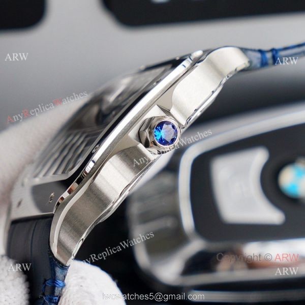 (TW ) Best Skeleton Santos De Cartier Stainless Steel Copy Watch With Blue Leather Band 3