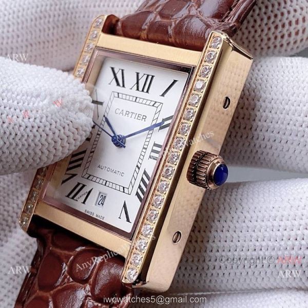 High Quality Replica Rose Gold Cartier Tank Automatic Watch With Diamond Bezel 3