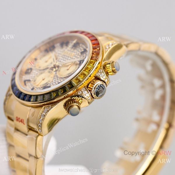 2021 NEW! Swiss Rolex Daytona JH 7750 Watch Rainbow Bezel Arabic Diamond Dial Yellow Gold 3