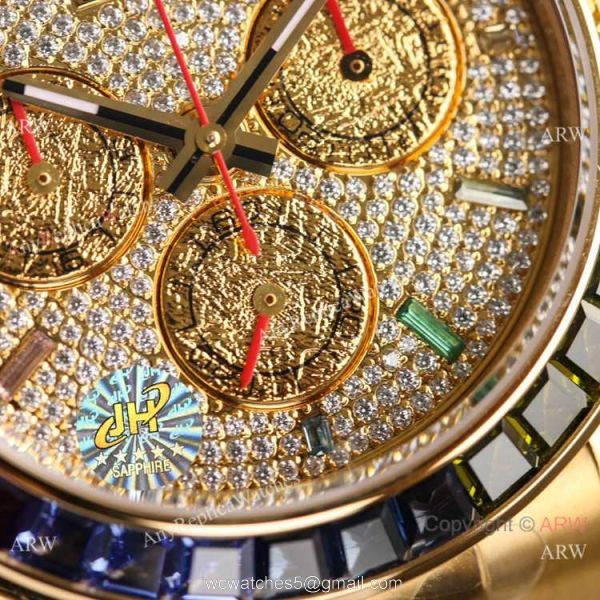 2021 NEW! Swiss Copy Rolex Daytona JH 7750 Watch Rainbow Yellow Gold Full Diamond Dial 3