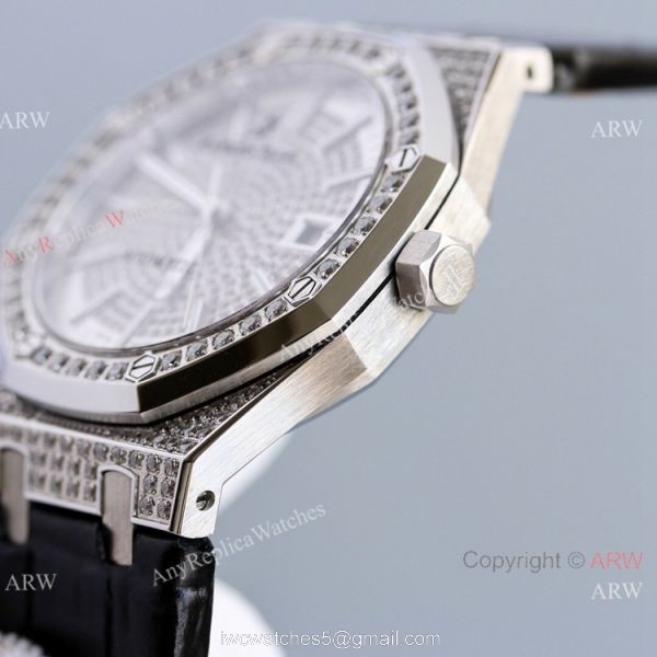 Diamond Audemars Piguet Royal Oak 15400 Watch With Black Leather Strap Best Replica 3