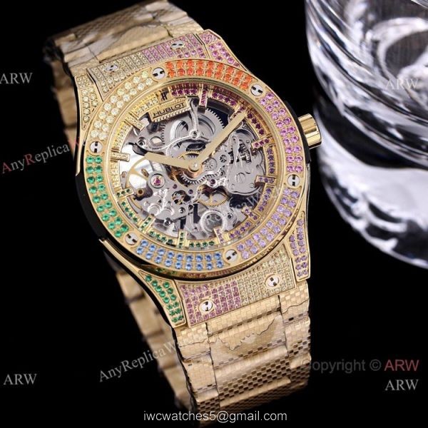Replica Silver Hublot Skeleton Rainbow Watch 45mm for men 3