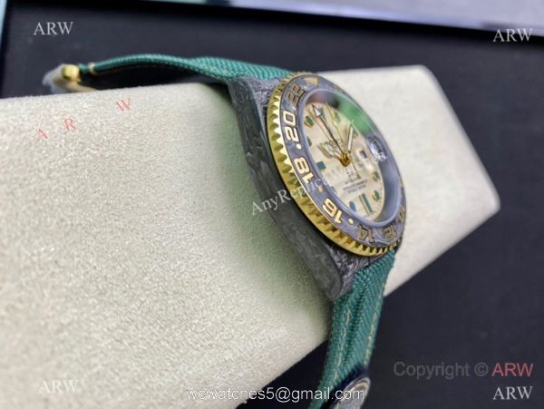 2021 Super Clone Rolex Diw GMT-Master 2 Watch JH Factory Cal.3186 Smoked Yellow Dial Green fabric Leather Strap 3