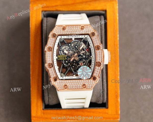(RM Factory) Knockoff Diamond Richard Mille RM35 01 Rose Gold Watch Red Rubber Band 3
