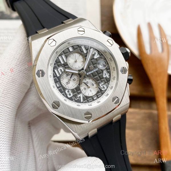 Knockoff Audemars Piguet Royal Oak Offshore 26470 Watches SS White Rubber Strap Automatic 3