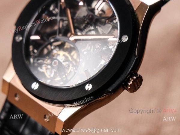 Rose Gold Hublot Classic Fusion Skeleton Tourbillon Black Bezel Watch Best Replica 3