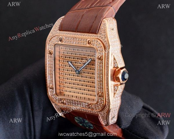 Best Cartier Santos Fully Iced Out Rose Gold Cartier Santos 100 Diamond Watch Replica 3