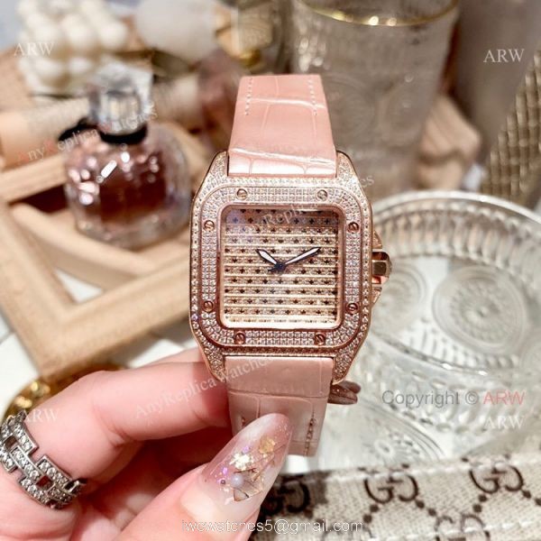 36mm Ladies Cartier Santos 100th Anniversary Full Diamonds Watch Swiss Replica 3