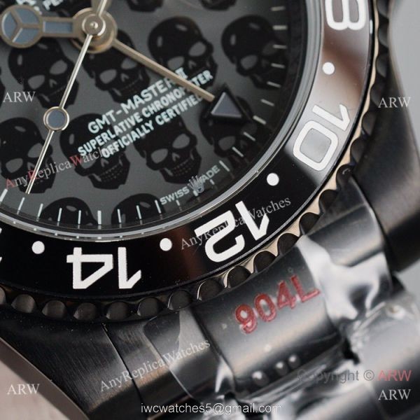 Swiss Copy Rolex Black Blaken GMT-Master II Watch Skull Dial 40mm 3