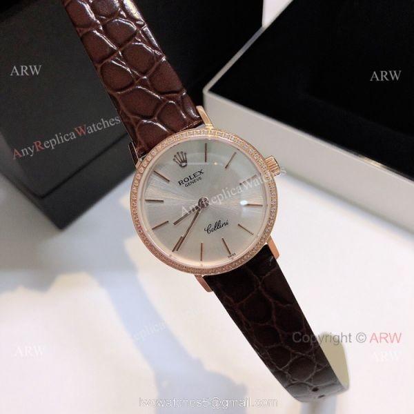 Diamond Rolex Cellini Ladies Leather Strap Yellow Gold Watch Replica 3