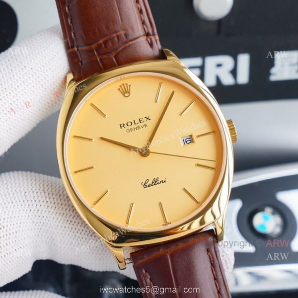 Yellow Gold Rolex Cellini Black Dial Brown Leather Strap Replica Watch 3