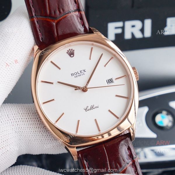 Stainless Steel Rolex Cellini Black Dial Black Leather Strap Replica Watch 3