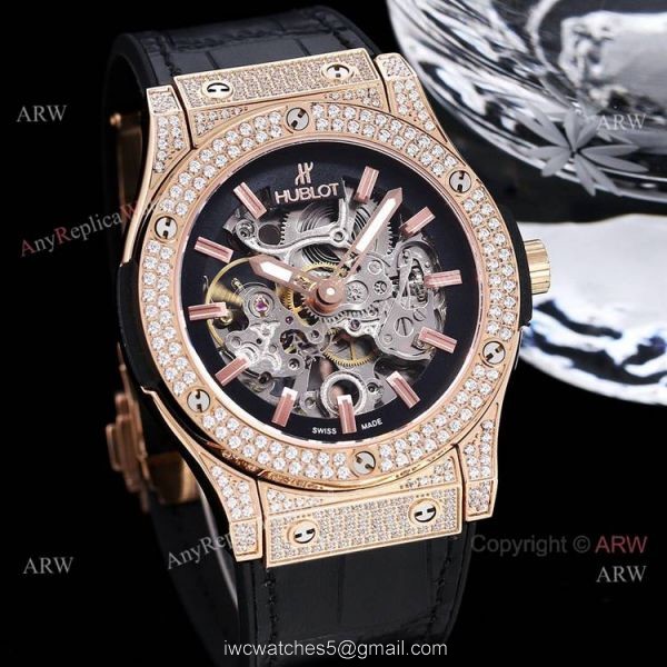 45mm Hublot Big Bang Rose Gold Skeleton Watch With Diamonds For Mens Replica 3