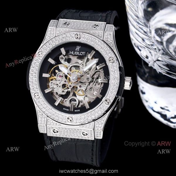 Replica Hublot Big Bang 45mm Skeleton Watch With Diamonds Blue Rubber Band For Men 3