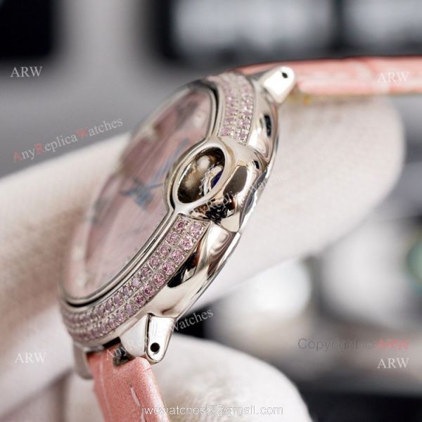 New Cartier Ballon Bleu 33mm With Diamonds Bezel Pink MOP Dial Pink Leather Strap Copy Watch 3