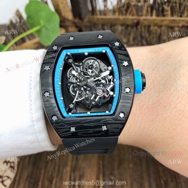 Copy Richard Mille Rm 055 Black With Blue Inner Bezel Transparent Rubber Strap Watch 3