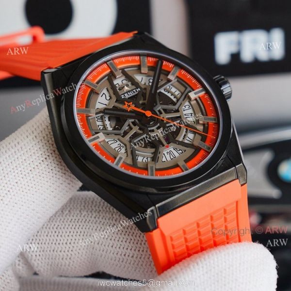 Swiss Grade Zenith Defy Classic Skeleton Dial Orange Rubber Strap High End Replica Watch 3