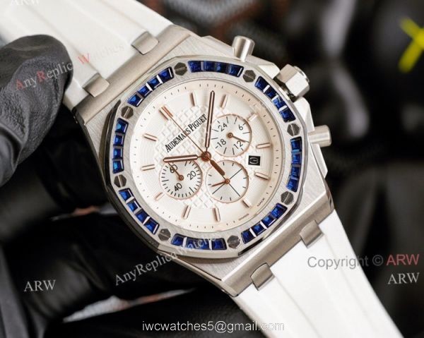 Copy Audemars Piguet Royal Oak Rose Gold 42mm Rainbow Bezel Watch White Dial 3