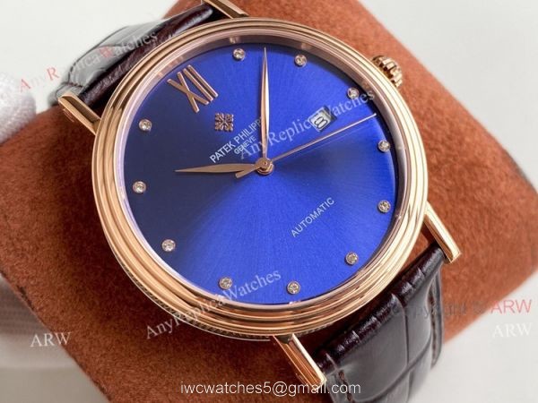 Swiss Replica Patek Philippe Calatrava Classic Watch Blue Face Brown Leather Strap For Men 3