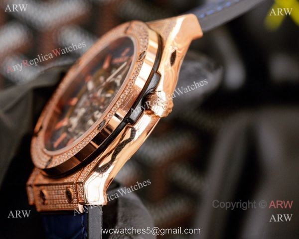Copy Hublot Classic Fusion Hollow Rose Gold Iced Out Watches 3