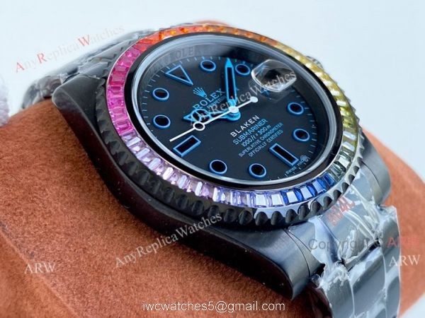 All Black Rolex Blaken Submariner Rainbow Diamond Bezel Blue Markers Swiss Grade Replica Watch 3