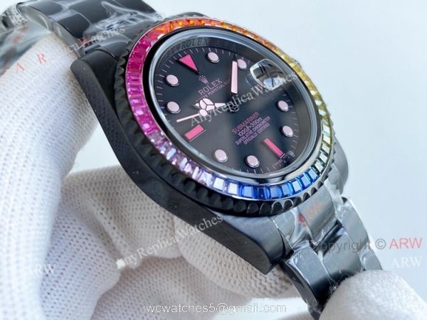 Replica Blaken Rolex Submariner Pink Markers Watch 40mm Rainbow Diamond Bezel Swiss Made 3