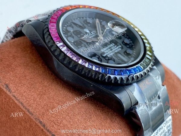 All Black Rolex Submariner Blaken Skull Watch Rainbow Diamond Bezel High Copy 3