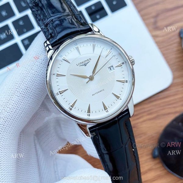 40mm Longines Automatic Watch White Dial Brown Leather Strap High Copy 3
