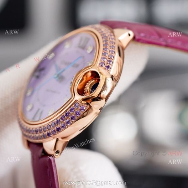 New Ladies Cartier Ballon Bleu 33mm Rose Gold diamond Purple Dial Purple Leather Strap Replica Watches 3