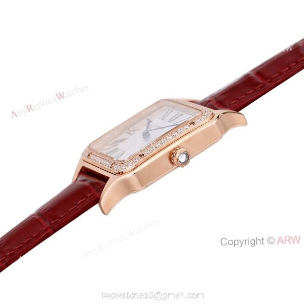 New Faux Cartier Santos-Dumont Rose Gold Couple Watch With Diamonds Bezel Brown Leather Band 3