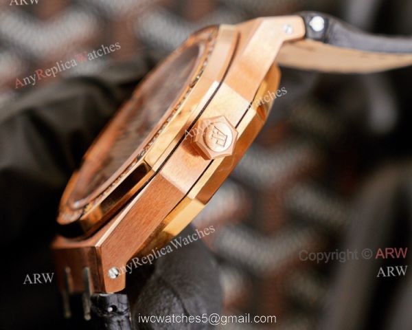 High End Replica Audemars Piguet Royal Oak Rose Gold Grey Dial Automatic Watch With Diamonds Black Leather Strap 3