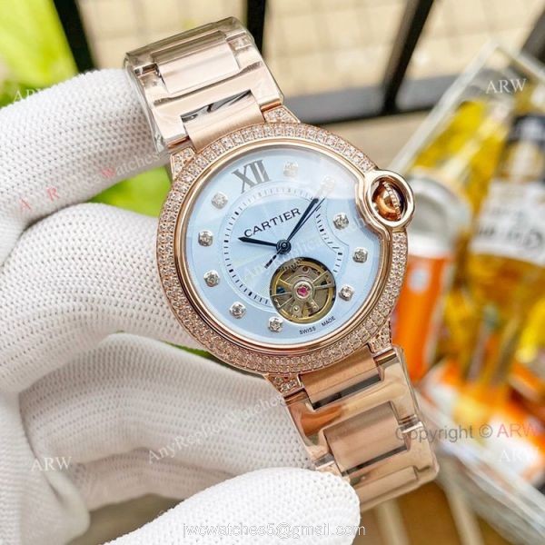Replica Ladies Cartier Ballon Bleu Tourbillon 36mm Ice Blue Dial Watch With Diamonds 3
