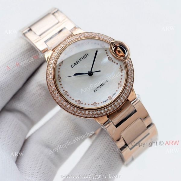 Swiss Quality Cartier Ballon Bleu 36mm White Mop Dial Stainless Steel Copy Watch With Diamonds 3