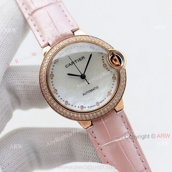 Swiss Quality Replica Cartier Ballon Bleu 36mm Rose Gold Diamond Bezel White Mop Dial Automatic Watch 3