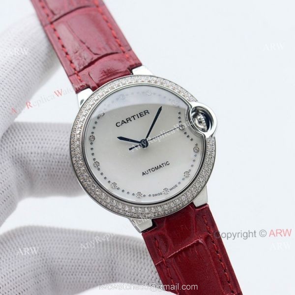 Swiss Quality Knockoff Cartier Ballon Bleu 36mm Automatic Watch With Diamond Bezel Black Leather Strap 3